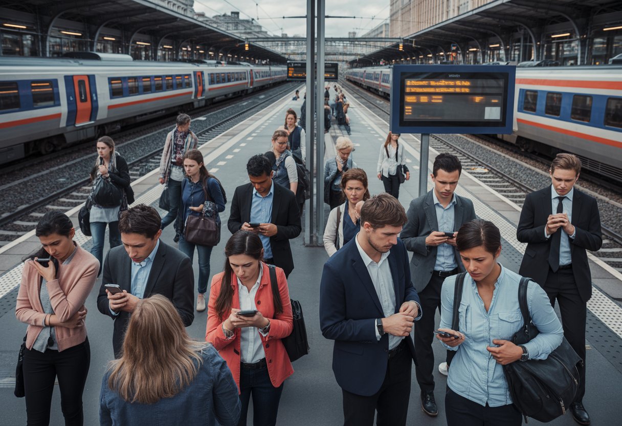Pünktlichkeit als Mythos: Warum die Deutsche Bahn Deutschland blamiert 3 Ein belebter deutscher Bahnhof mit wartenden Fahrgästen, die auf verspätete Züge schauen und ungeduldig wirken.
