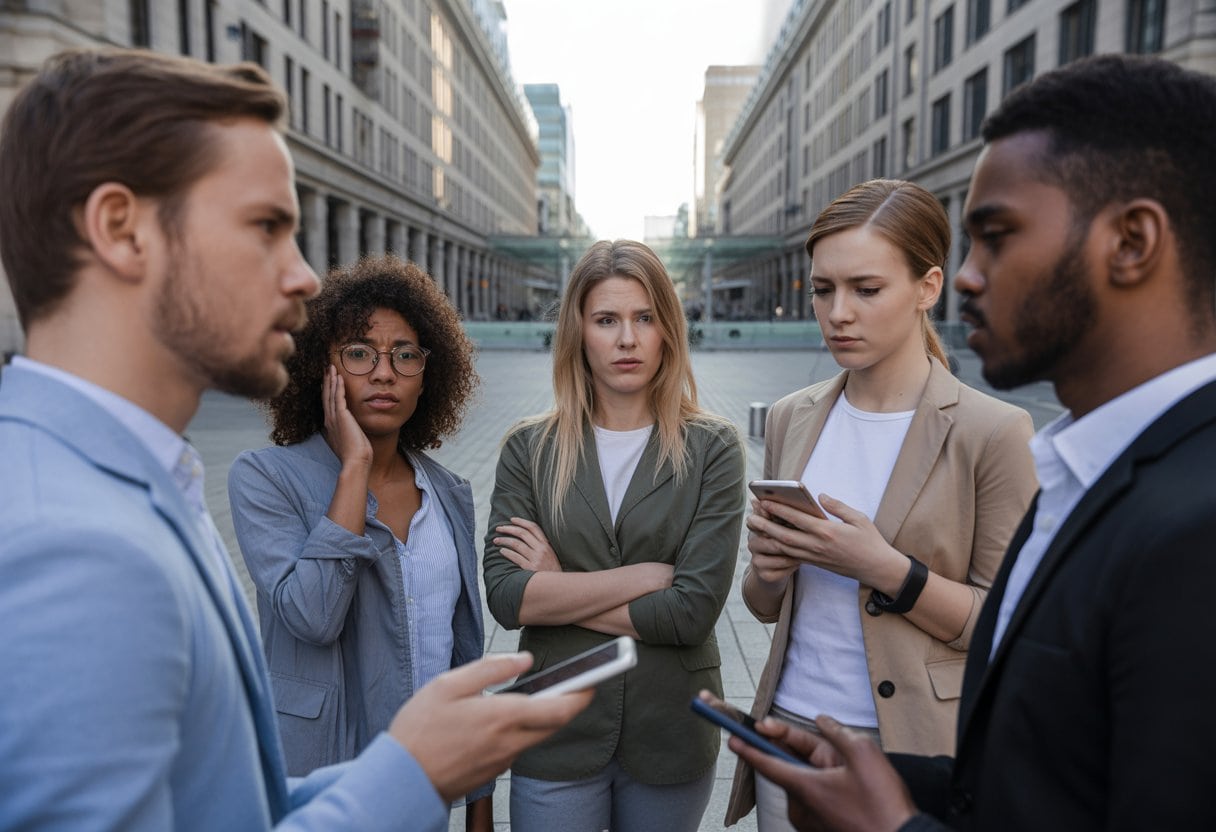 Menschen diskutieren ernsthaft auf einem öffentlichen Platz in einer deutschen Stadt, einige wirken zurückhaltend, andere nutzen Smartphones.