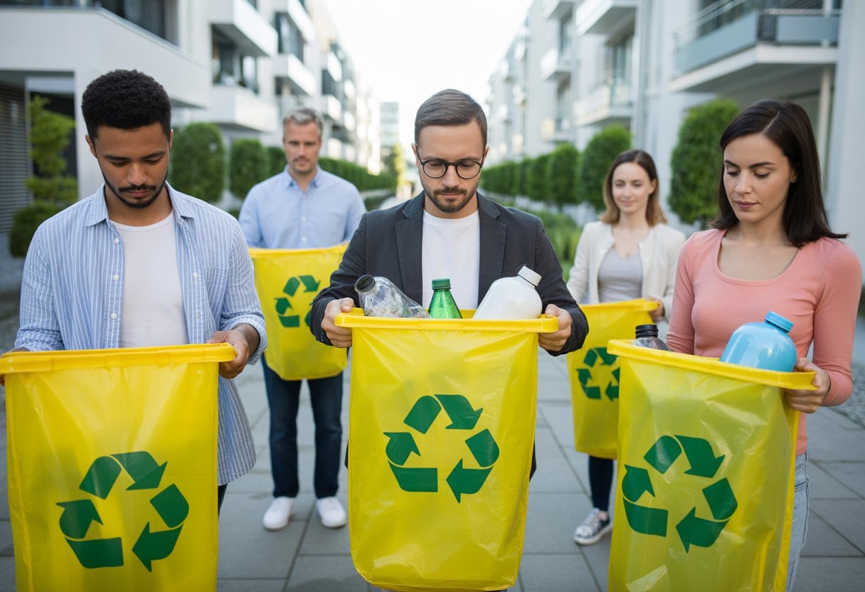 Menschen in einer sauberen Wohngegend, die gelbe Säcke mit recycelbaren Materialien halten und sortieren.