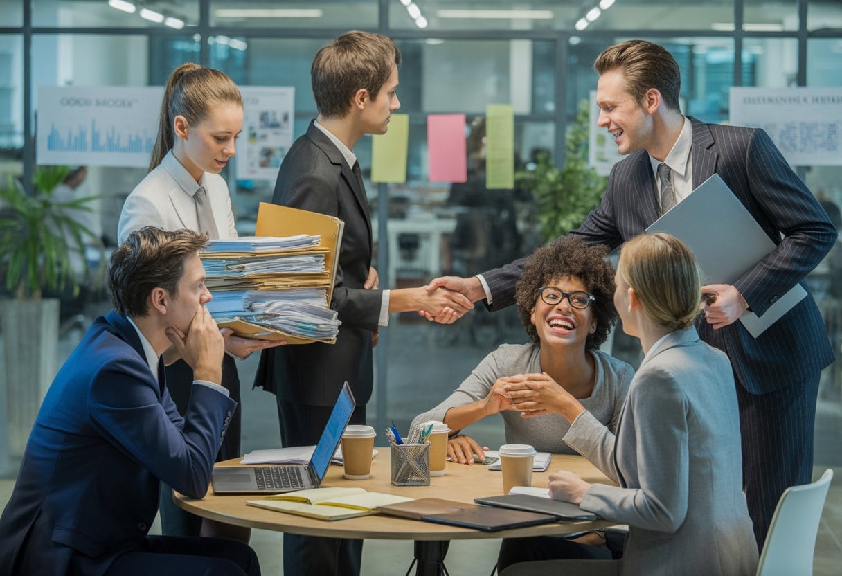 Menschen in einem Büro, einige wirken gestresst mit Akten und Computern, andere sitzen entspannt zusammen und unterhalten sich freundlich.