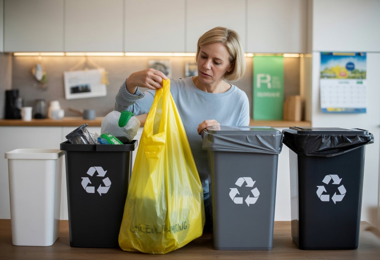 Eine Frau sortiert sorgfältig Müll in verschiedene farbige Behälter und einen gelben Sack in einer modernen Küche.