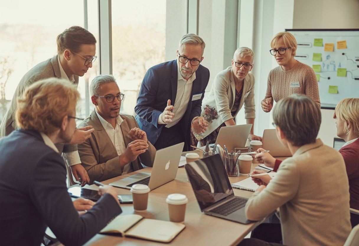 Menschen unterschiedlicher Altersgruppen sitzen in einem hellen Besprechungsraum zusammen und diskutieren lebhaft bei einer Gemeinschaftssitzung.