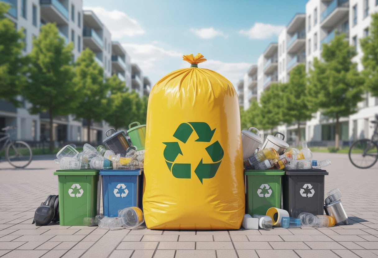 Ein gelber Müllsack steht in einer sauberen städtischen Umgebung, umgeben von verschiedenen Mülltonnen zur Abfalltrennung.