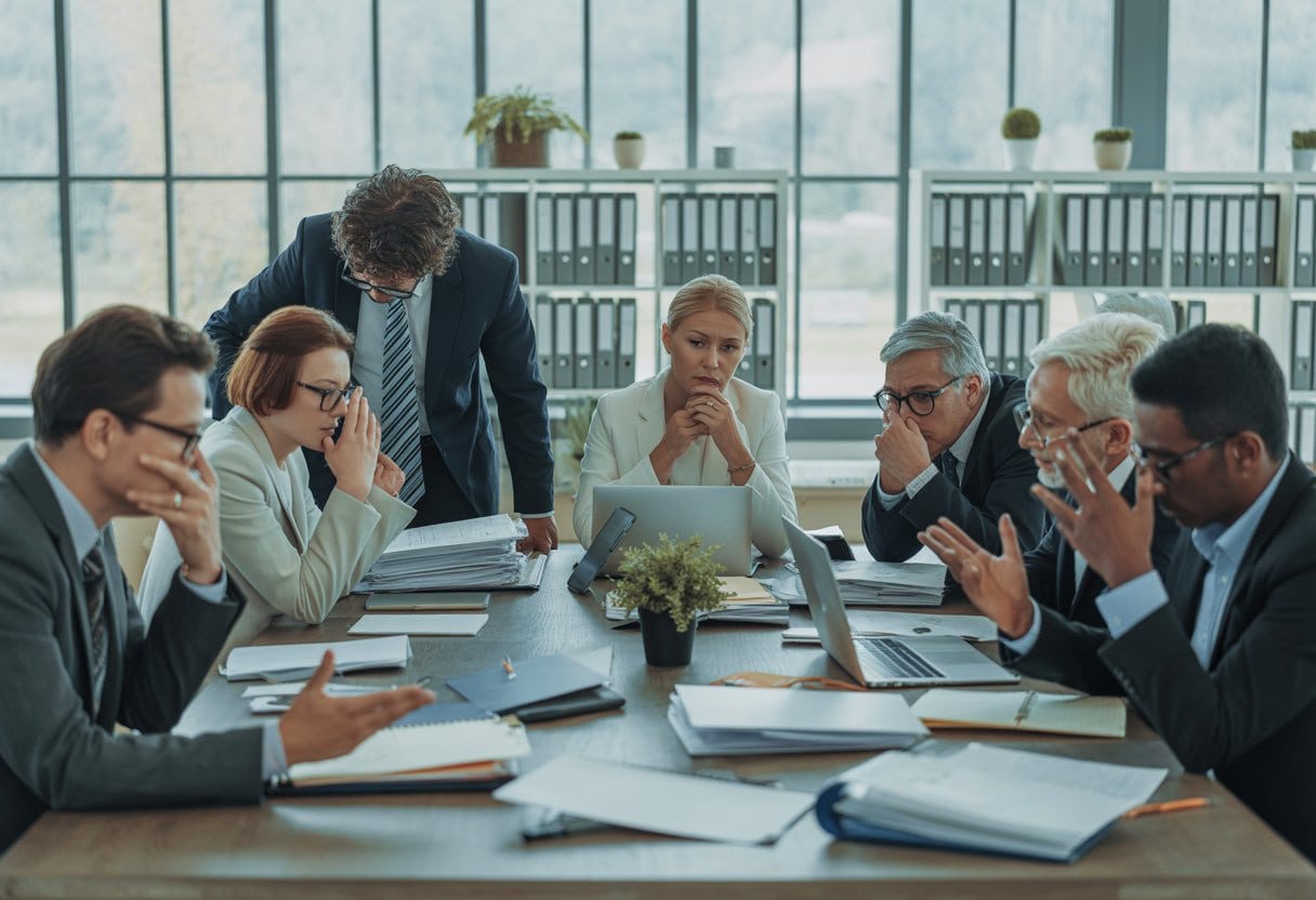 Menschen in einem Büro sitzen an einem Tisch mit vielen Unterlagen und diskutieren ernsthaft miteinander.