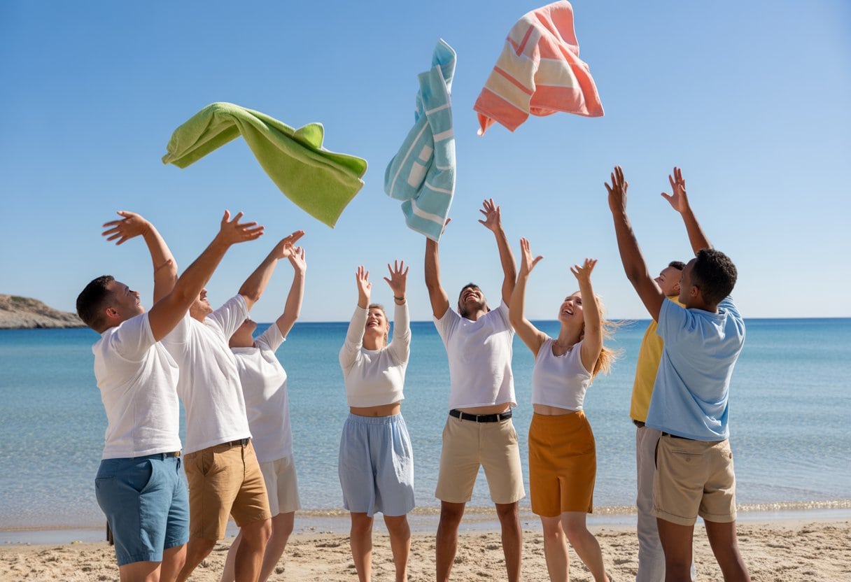 Menschen unterschiedlicher Herkunft werfen am Strand bunte Handtücher in die Luft und lachen.