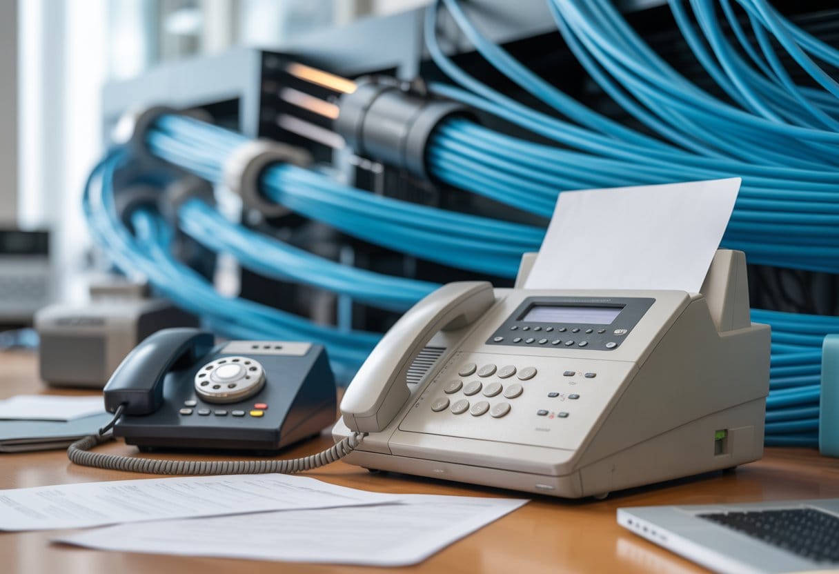 Ein Büro mit einem alten Faxgerät im Vordergrund und modernen Glasfaserkabeln im Hintergrund.