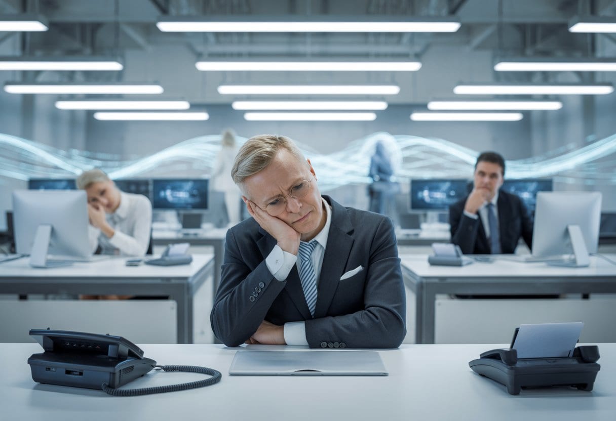 Ein Büro mit veralteten Faxgeräten und Telefonen, im Hintergrund unscharfe moderne digitale Elemente, Menschen wirken nachdenklich.