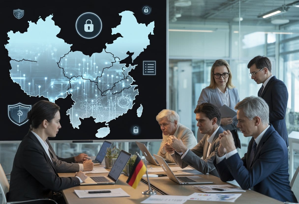 Ein modernes Büro mit deutschen Fachleuten, die an einem Konferenztisch über Datenschutz diskutieren, während im Hintergrund eine digitale Karte von China mit Datenpunkten zu sehen ist.