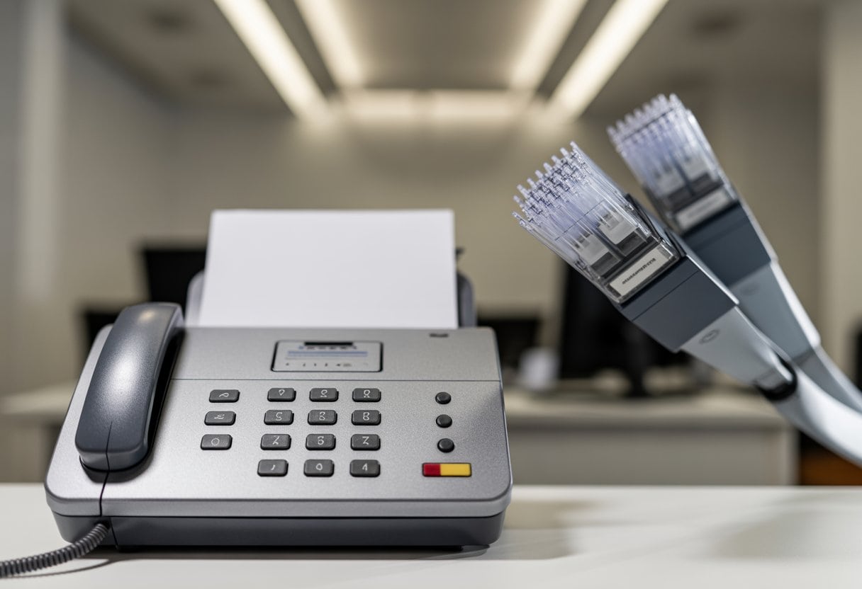 Ein Faxgerät steht auf einem Schreibtisch, im Hintergrund sind Glasfaserkabel oder moderne Netzwerktechnik zu sehen.