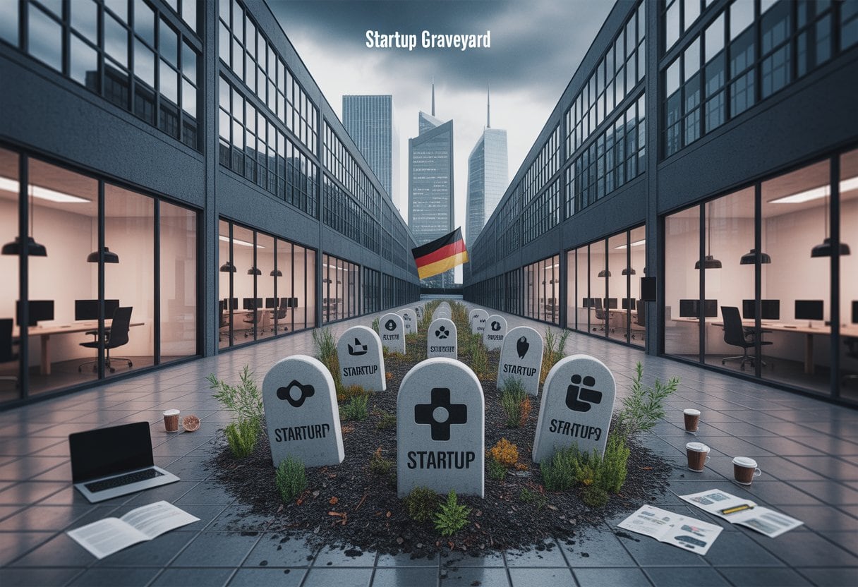 Startup-Friedhof Deutschland: Zu viel Angst, zu wenig Risikokapital – Ursachen und Auswege 1 Verlassene Büros und symbolische Grabsteine in Form von Startup-Logos in einer städtischen Umgebung, die das Scheitern von Startups in Deutschland darstellen.