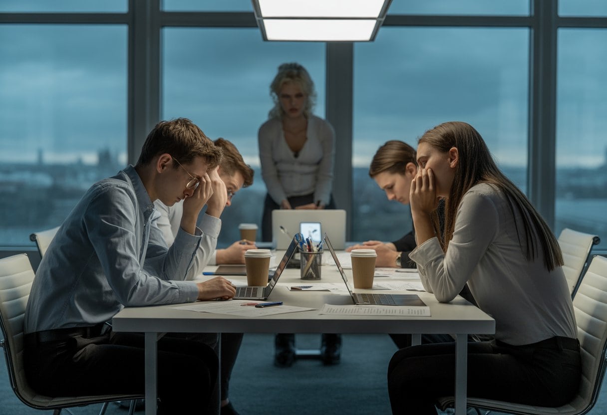 Startup-Friedhof Deutschland: Zu viel Angst, zu wenig Risikokapital – Ursachen und Auswege 3 Junge Unternehmer in einem modernen Büro sitzen besorgt um einen Konferenztisch und wirken unsicher.