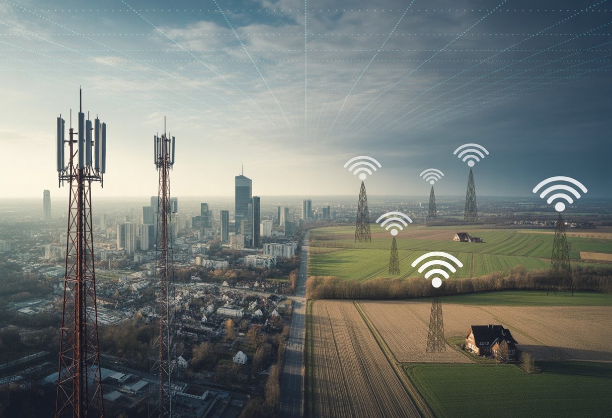 5G-Ausbau im Schneckentempo: Funklöcher als Standortnachteil in Deutschland 2 Städtische und ländliche Landschaft in Deutschland mit 5G-Masten und Bereichen ohne Mobilfunksignal.