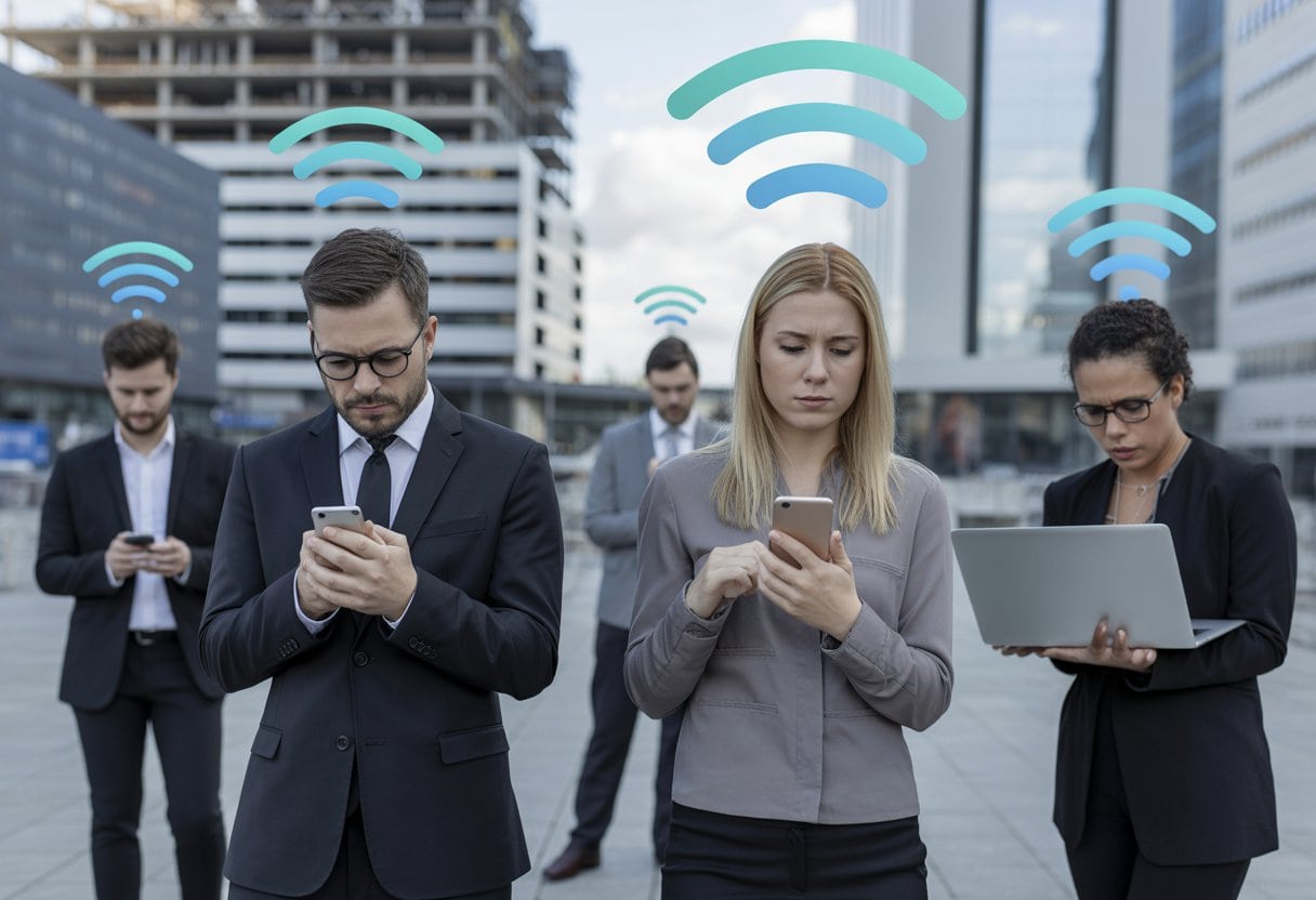 5G-Ausbau im Schneckentempo: Funklöcher als Standortnachteil in Deutschland 3 Menschen in einem Stadtviertel mit schwachem Handynetz, die auf ihre Smartphones schauen und frustriert wirken, im Hintergrund Bauarbeiten und Bürogebäude.