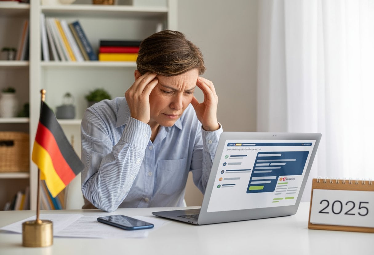 E-Government 2025: Wenn der Behördengang online genauso schmerzhaft ist – Chancen, Herausforderungen und Lösungen 2 Eine gestresste Person sitzt an einem Schreibtisch und arbeitet an einem Laptop mit einer Regierungswebsite, umgeben von Papierkram und einem Smartphone.