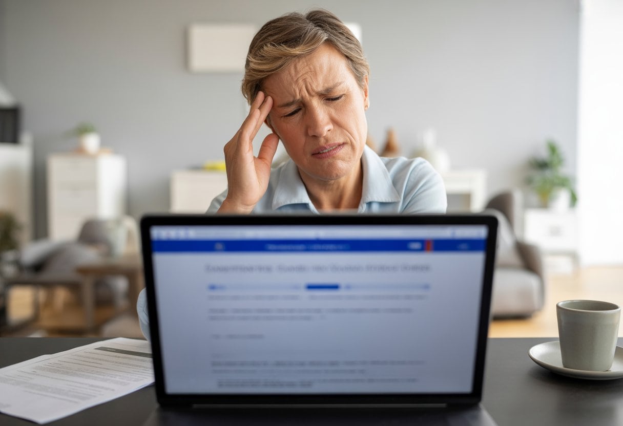 E-Government 2025: Wenn der Behördengang online genauso schmerzhaft ist – Chancen, Herausforderungen und Lösungen 3 Eine frustrierte Person sitzt an einem Schreibtisch und versucht, eine komplizierte Online-Behördenwebsite zu benutzen.