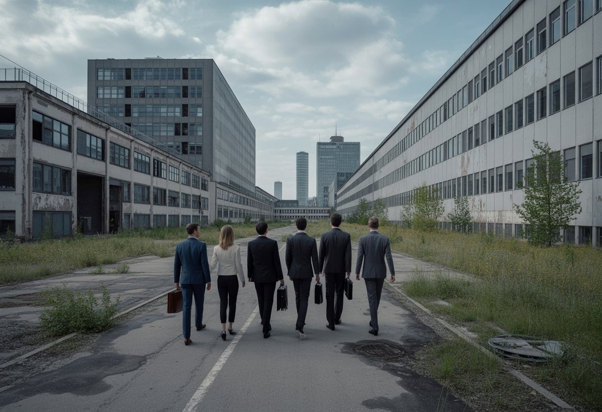 Standort Deutschland verrottet: Warum Unternehmen scharenweise abwandern 2 Geschäftsleute verlassen ein verfallenes Industriegebiet in Deutschland, im Hintergrund ist eine Stadt zu sehen.