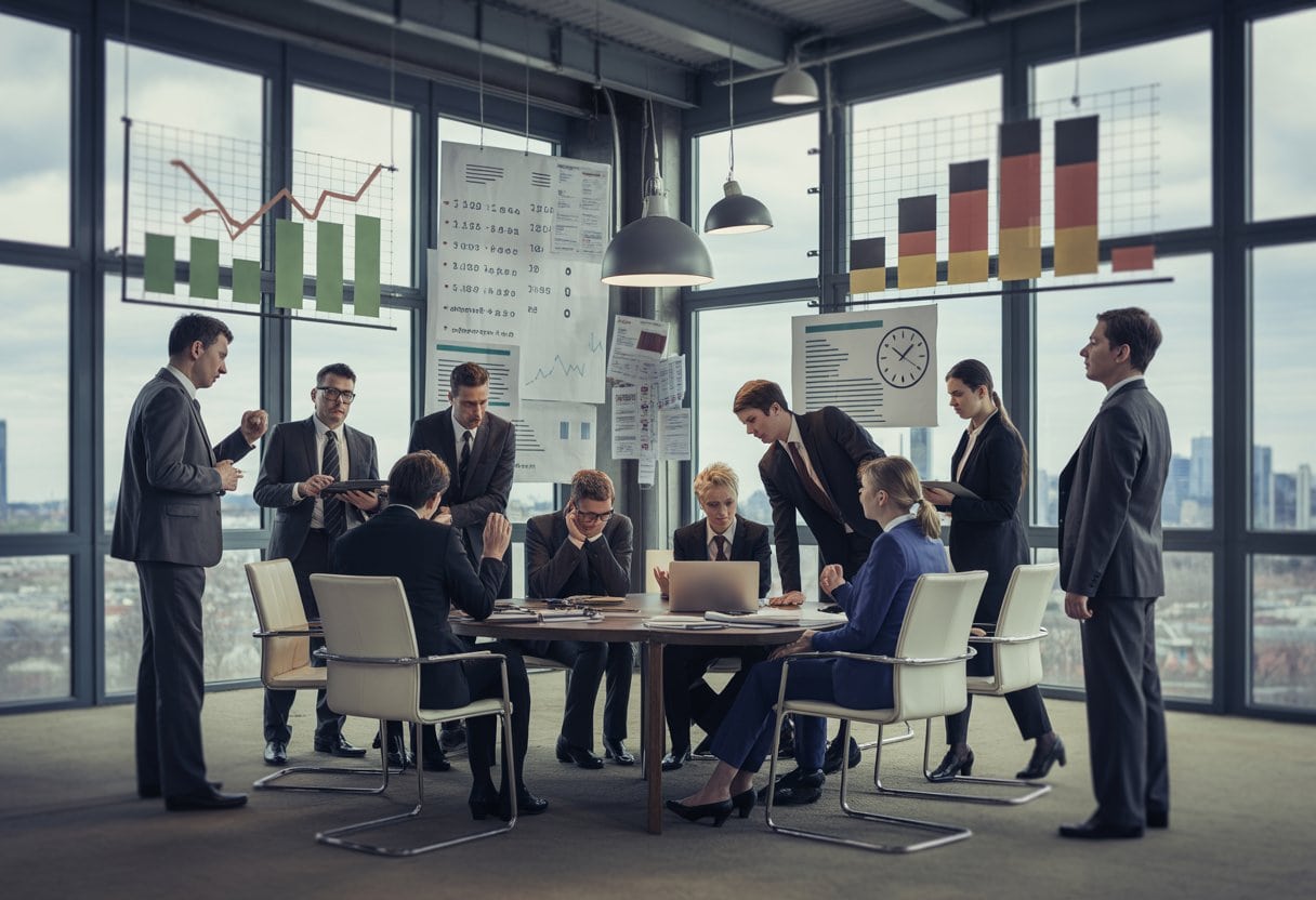 Mittelstand am Abgrund: Energiepreise, Bürokratie & Fachkräftemangel – Die Lage 2025 2 Geschäftsleute in einem modernen Büro sitzen besorgt an einem Konferenztisch mit Diagrammen und Papieren, die steigende Energiepreise und wirtschaftliche Unsicherheit zeigen.