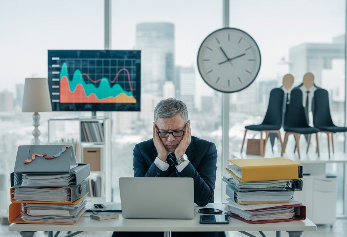 Mittelstand am Abgrund: Energiepreise, Bürokratie & Fachkräftemangel – Die Lage 2025 3 Ein gestresste Geschäftsperson sitzt an einem Schreibtisch mit vielen Akten und einem Laptop in einem Büro, umgeben von Symbolen für steigende Energiepreise, Zeitdruck und Fachkräftemangel.