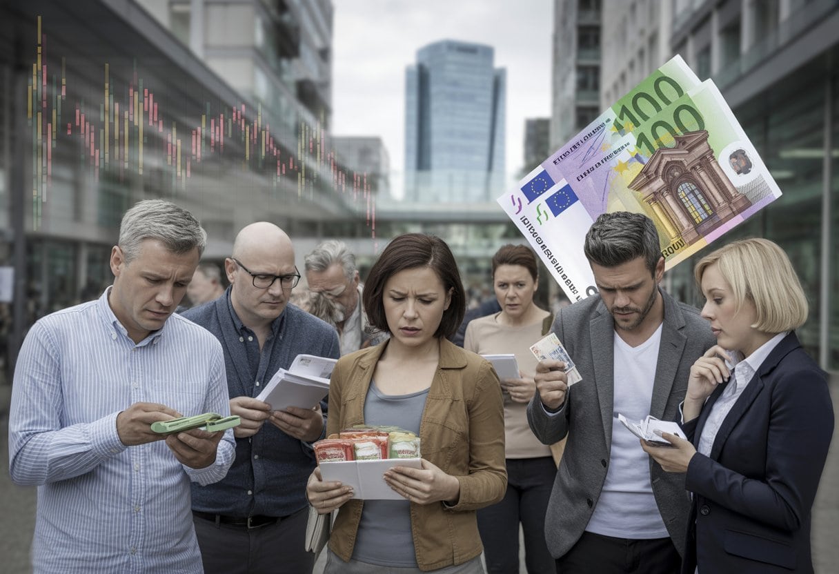 Inflationsgewinner und Verlierer: Wie die EZB die deutsche Mittelschicht enteignet 2 Eine Gruppe von Menschen in einer deutschen Stadt, einige wirken besorgt beim Betrachten von Rechnungen, andere sehen zufrieden aus, im Hintergrund ist ein modernes Gebäude der Europäischen Zentralbank zu sehen.