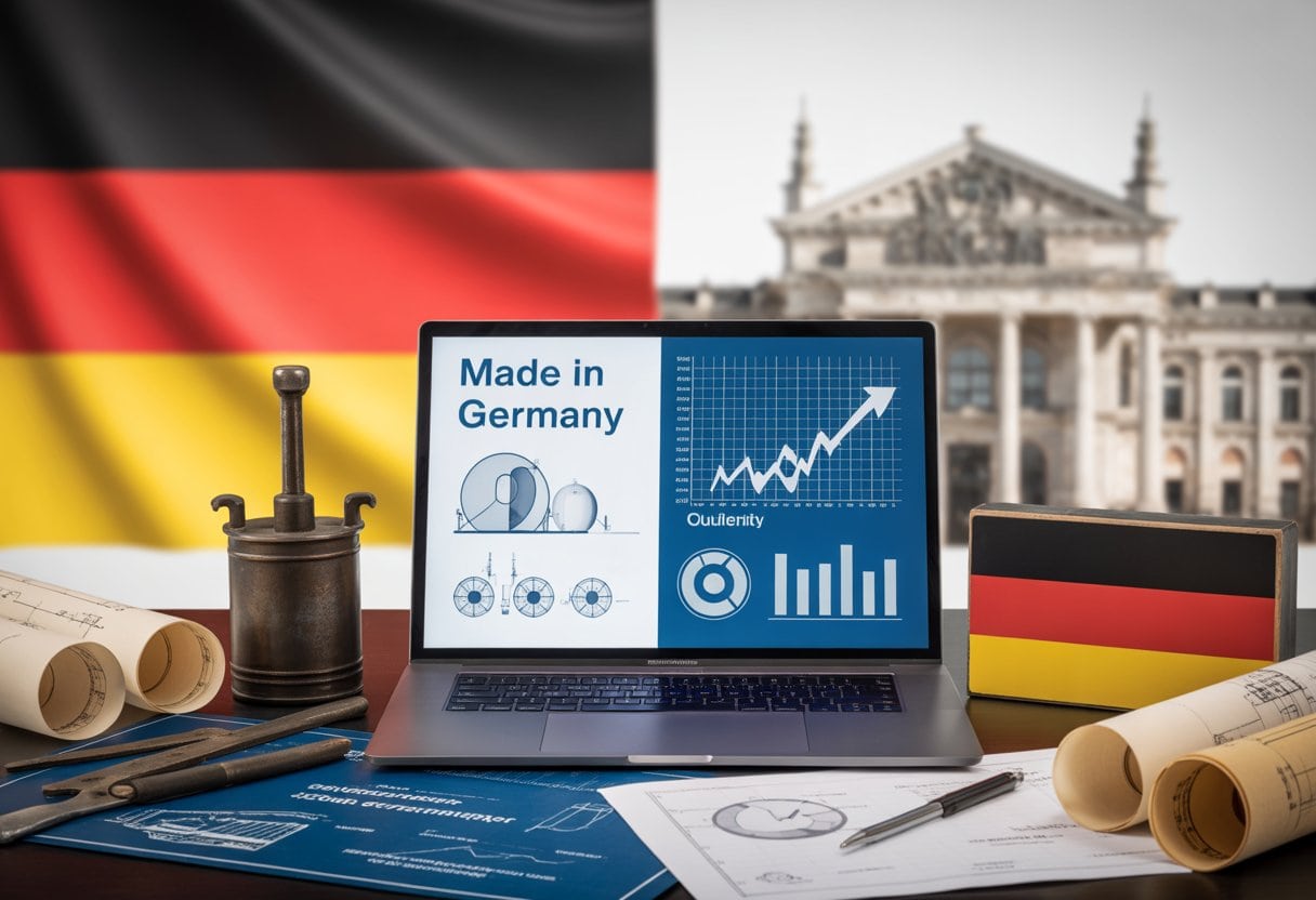 Made in Germany – bald nur noch ein nostalgisches Marketingversprechen? Relevanz und Wandel im Qualitätsbild 2 Arbeitsplatz mit alten deutschen Werkzeugen und modernen Technologien, die den Wandel von Tradition zu Innovation zeigen.