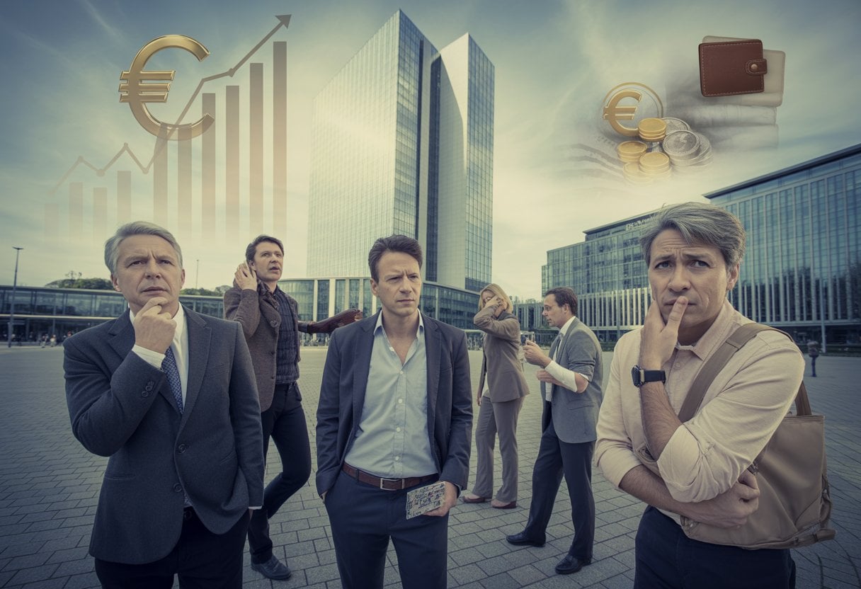 Inflationsgewinner und Verlierer: Wie die EZB die deutsche Mittelschicht enteignet 3 Eine Gruppe von Menschen mittleren Alters in einer Stadt, die besorgt und nachdenklich wirkt, mit einem großen Gebäude im Hintergrund, das die Europäische Zentralbank darstellt.