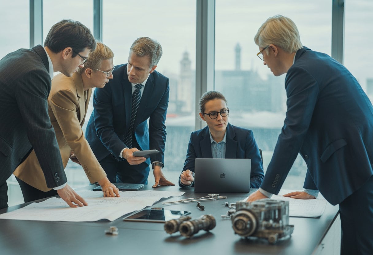 Made in Germany – bald nur noch ein nostalgisches Marketingversprechen? Relevanz und Wandel im Qualitätsbild 3 Ein Team von Fachleuten arbeitet gemeinsam in einem modernen Büro mit technischen Zeichnungen und Modellen, im Hintergrund ist eine Stadt mit deutscher Architektur zu sehen.