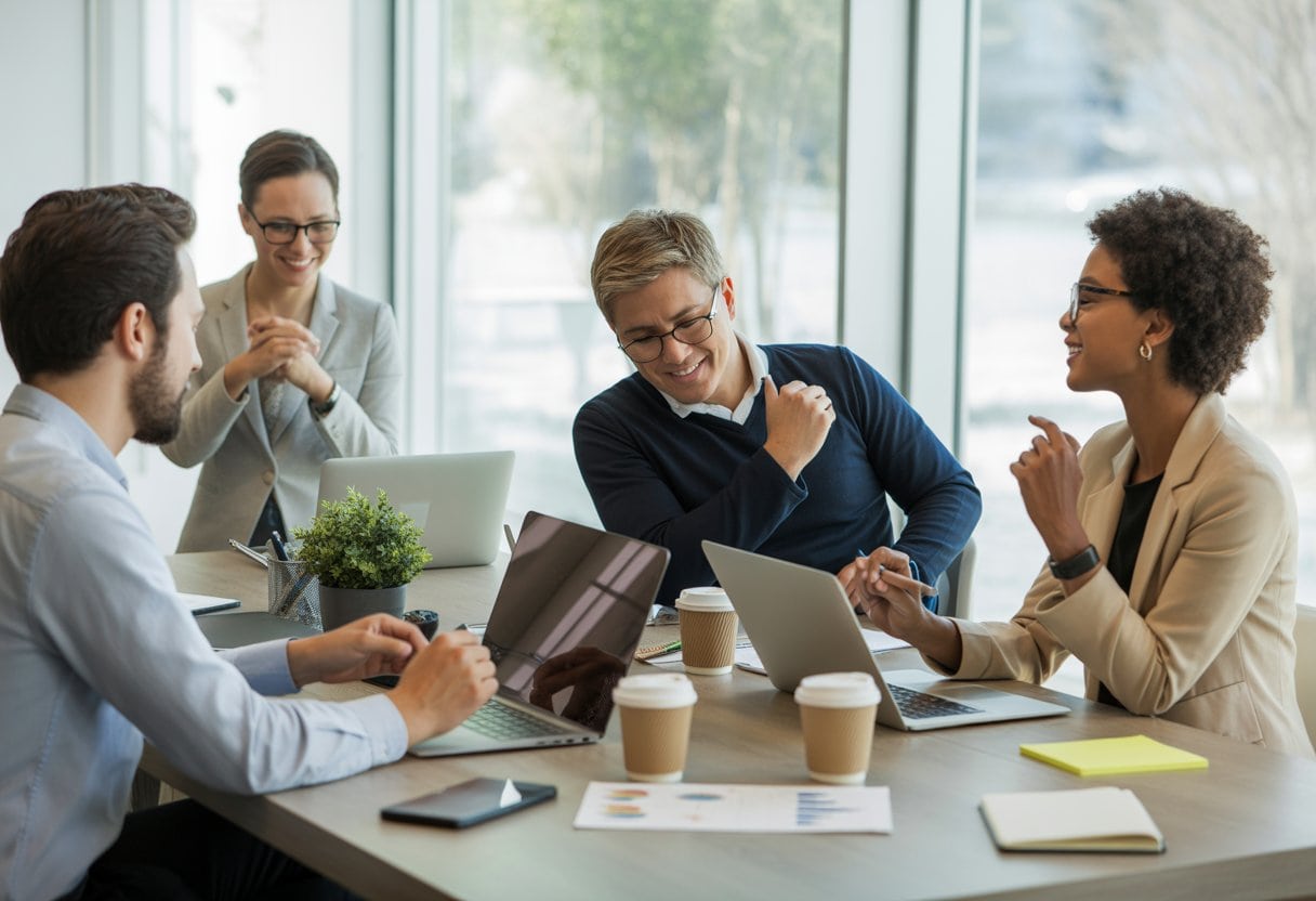 Vier-Tage-Woche bei vollem Lohn: Auswirkungen und Perspektiven für Deutschland 2 Mehrere Personen arbeiten gemeinsam an einem Konferenztisch in einem modernen Büro mit großen Fenstern und natürlichem Licht.