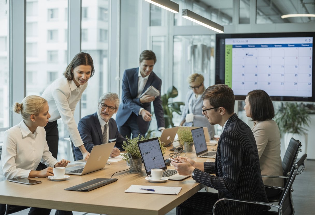 Vier-Tage-Woche bei vollem Lohn: Auswirkungen und Perspektiven für Deutschland 3 Eine Gruppe von Mitarbeitenden arbeitet gemeinsam an einem Konferenztisch in einem modernen Büro mit großen Fenstern.