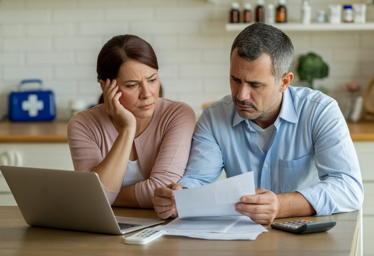 Ein besorgtes Paar sitzt am Küchentisch und betrachtet Rechnungen und Versicherungsunterlagen.