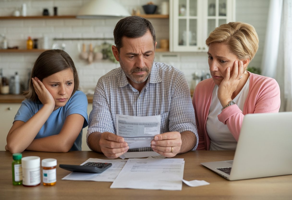 Eine besorgte Familie sitzt am Küchentisch und betrachtet gemeinsam medizinische Rechnungen und Versicherungsunterlagen.