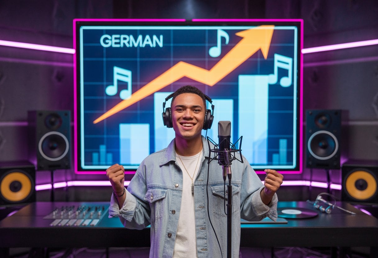 Deutschrap dominiert die Charts – Ist das noch Musik oder nur Lärm? Die Entwicklung, Wirkung und Kontroverse 2 Ein junger Rapper steht in einem Tonstudio vor einem Mikrofon, im Hintergrund ist ein Musikdiagramm zu sehen.