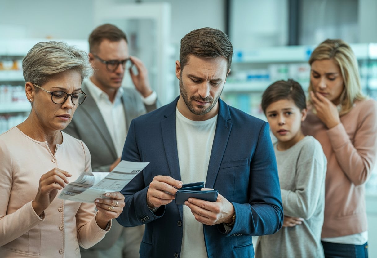 Mehrere Menschen unterschiedlicher Altersgruppen wirken besorgt über steigende Gesundheitskosten in einer städtischen Umgebung.