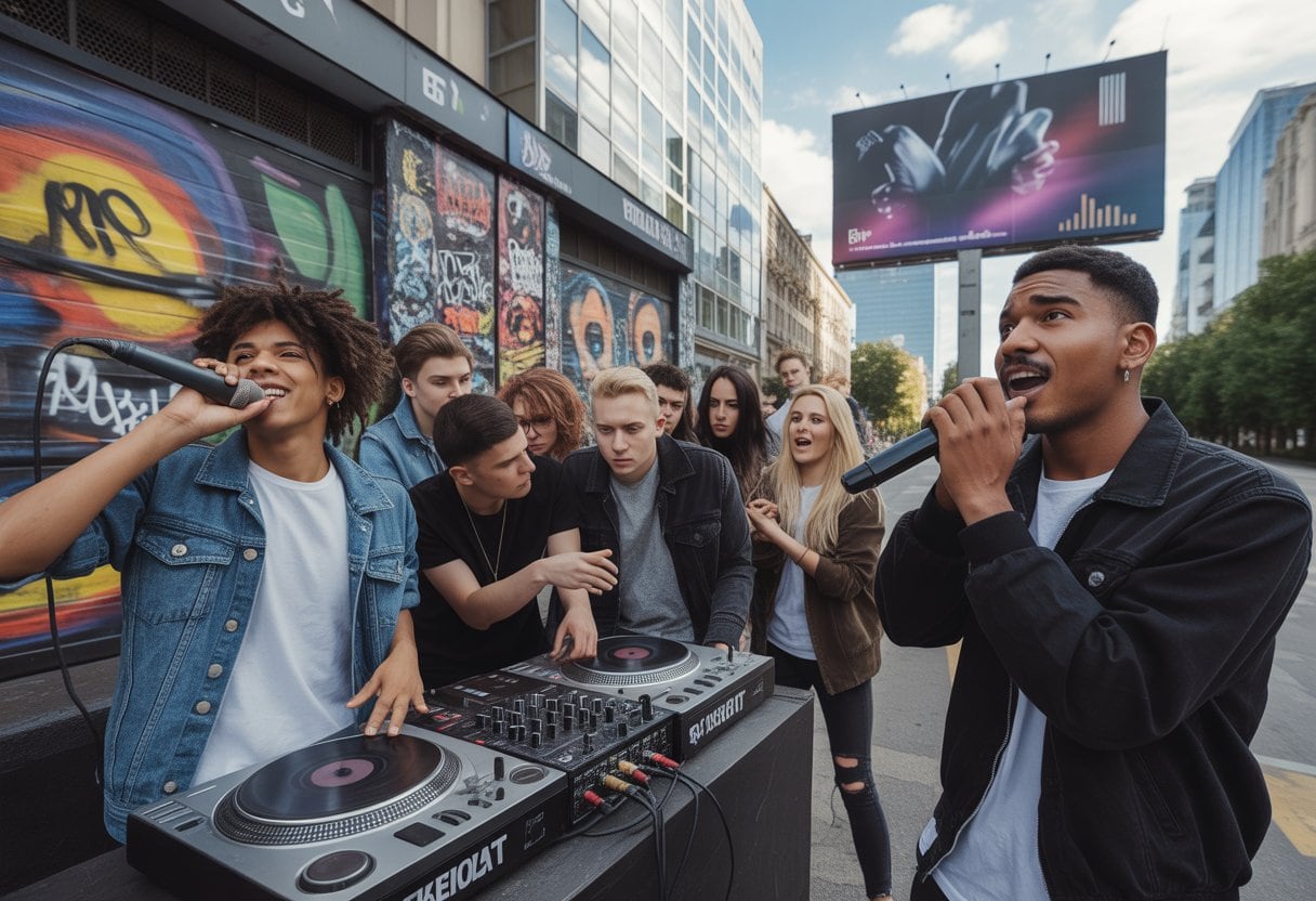 Deutschrap dominiert die Charts – Ist das noch Musik oder nur Lärm? Die Entwicklung, Wirkung und Kontroverse 3 Junge Menschen in einer urbanen Umgebung, ein Rapper mit Mikrofon tritt auf, ein DJ spielt Musik, umgeben von Graffiti und einer kleinen Gruppe Zuhörer.