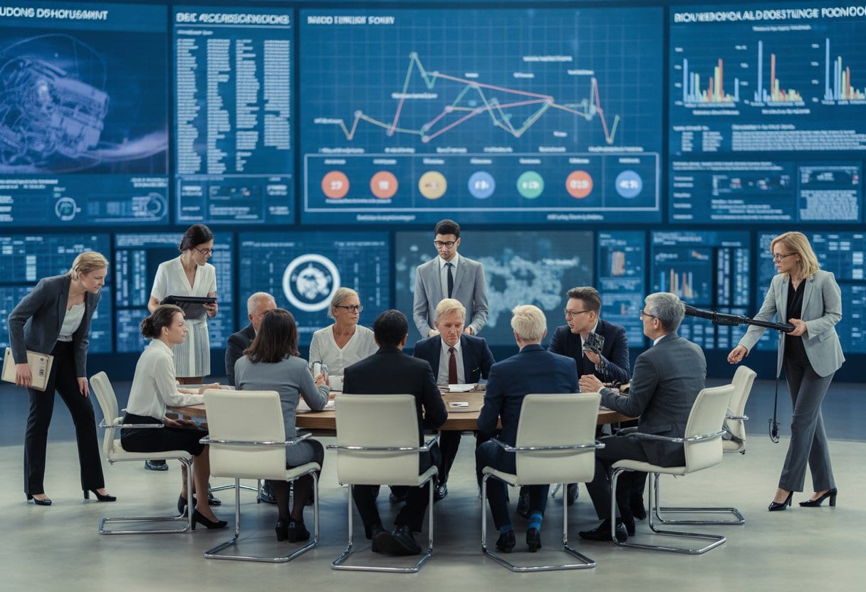 Mehrere Personen sitzen an einem Konferenztisch und diskutieren vor Bildschirmen mit Diagrammen und Zahlen.