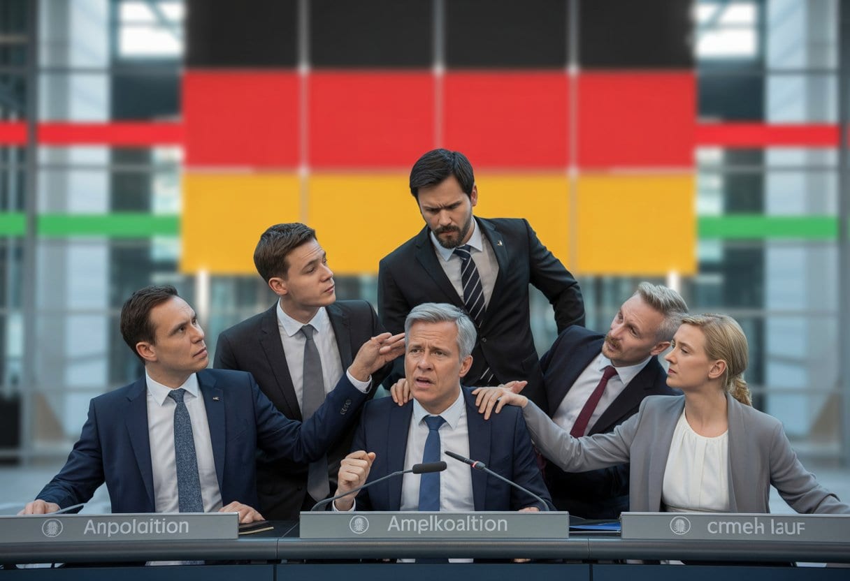Politiker in einem Sitzungssaal diskutieren ernst und angespannt vor der deutschen Flagge.