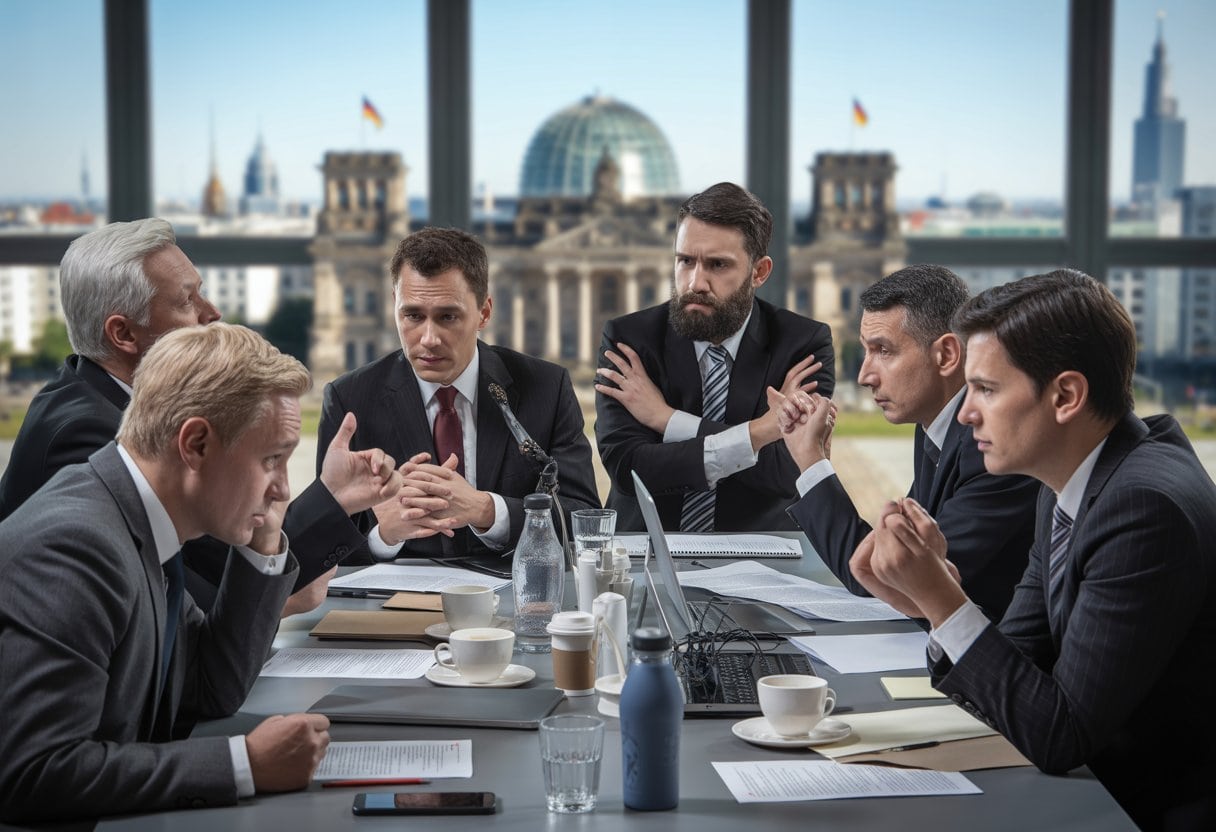 Politiker und Beamte diskutieren angespannt um einen großen Tisch in einem modernen Konferenzraum mit Blick auf die Berliner Skyline.