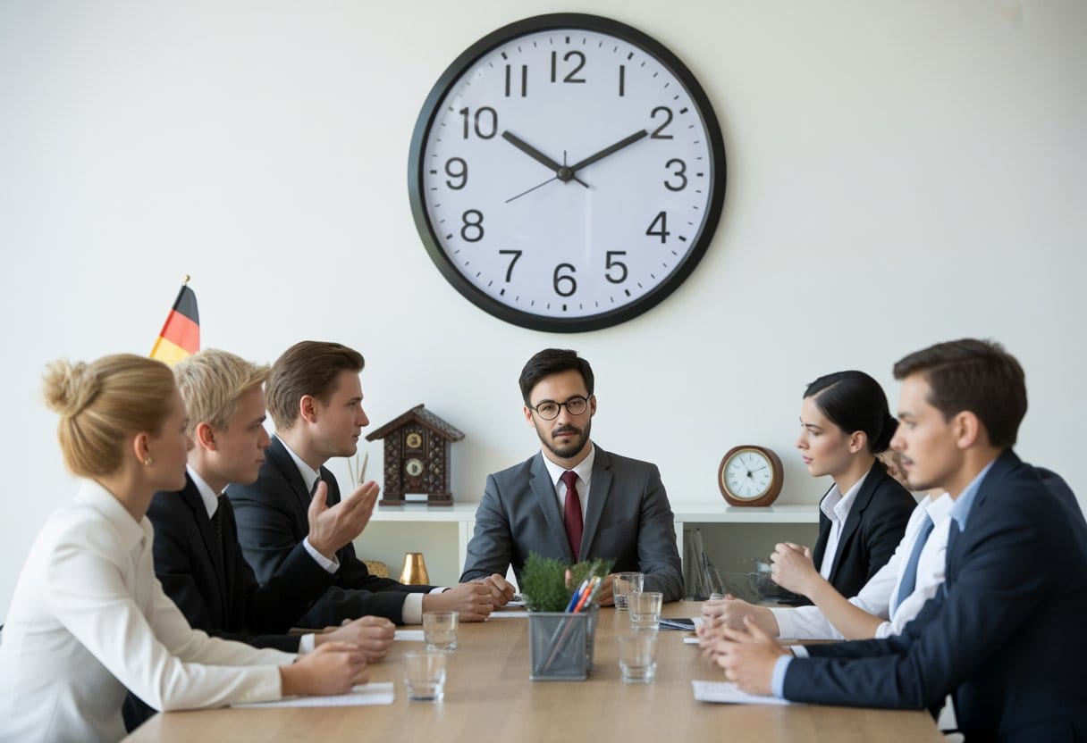 Ein modernes Büro mit einer Gruppe von Menschen bei einer Besprechung um einen Tisch, eine große Wanduhr zeigt die genaue Zeit.