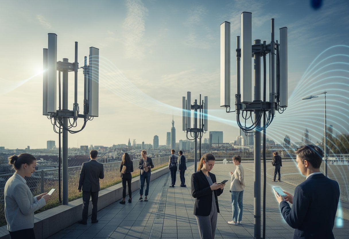 Städtische Szene mit 5G-Antennen auf Gebäuden und Menschen, die Smartphones benutzen.