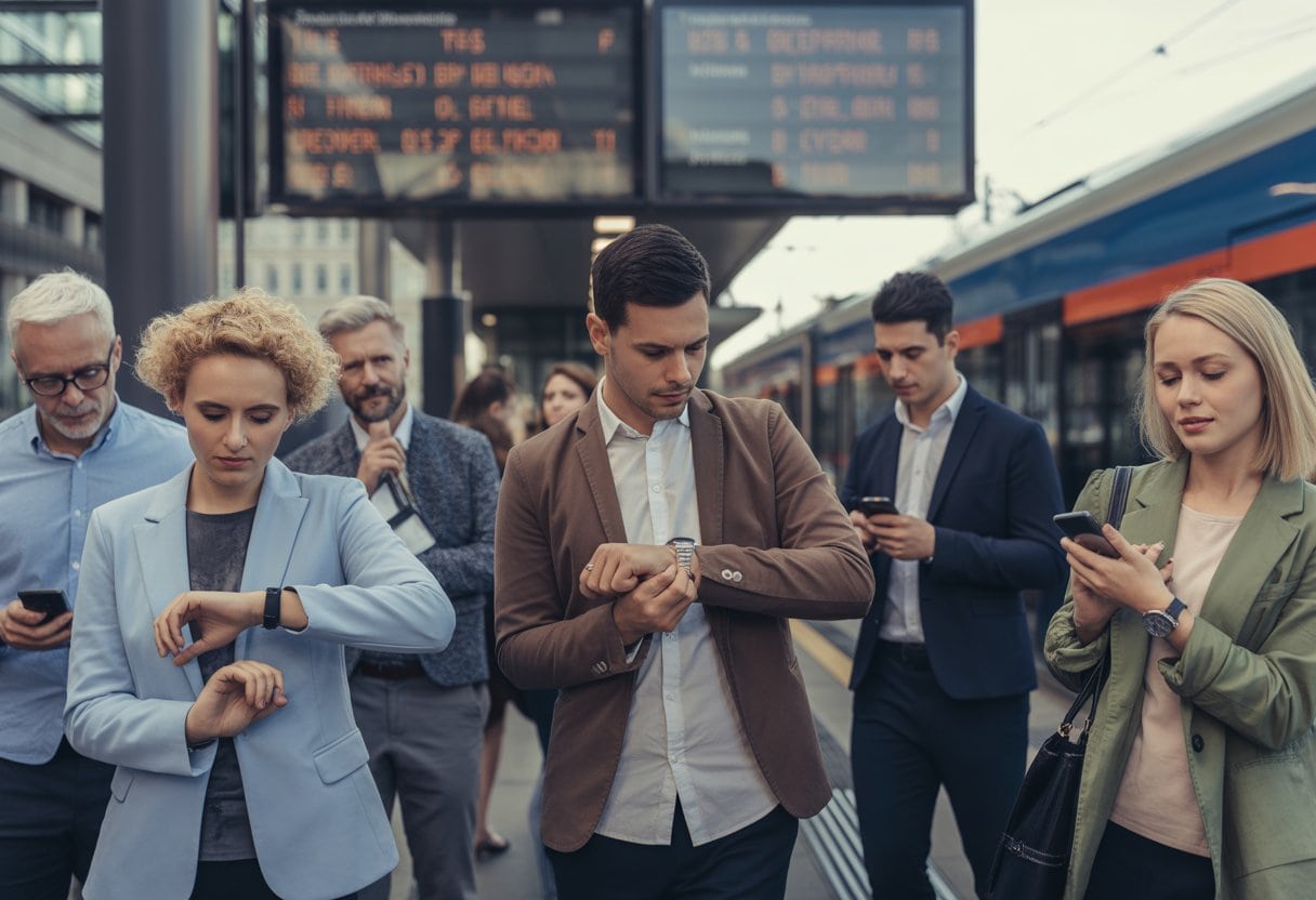 Menschen an einer belebten deutschen Bahnhaltestelle, einige schauen auf ihre Uhren, andere warten entspannt, im Hintergrund eine digitale Anzeigetafel mit Verspätungen.