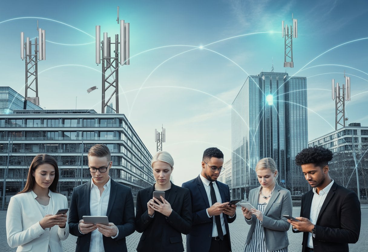 Städtische Szene mit modernen Gebäuden, 5G-Antennen und Menschen, die Smartphones benutzen.