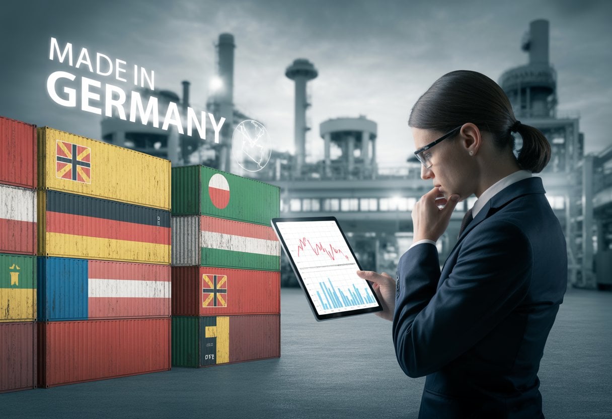 Eine besorgte Geschäftsperson betrachtet Diagramme vor einem Industriegebäude mit Containern im Hintergrund.