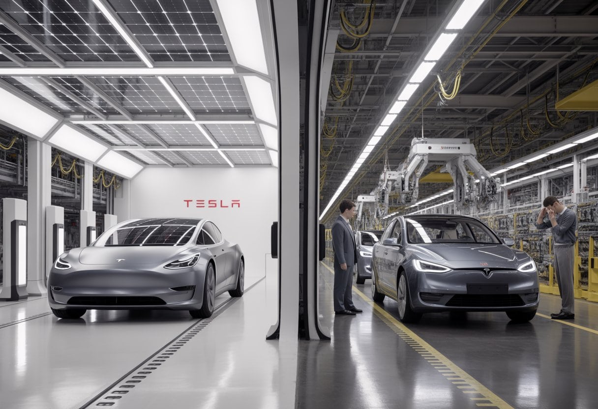 Ein modernes Elektroauto-Werk mit einem futuristischen Tesla-Gigafactory auf der einen Seite und einer traditionellen deutschen Autofabrik auf der anderen Seite, die unterschiedliche Herangehensweisen an die Elektromobilität zeigt.