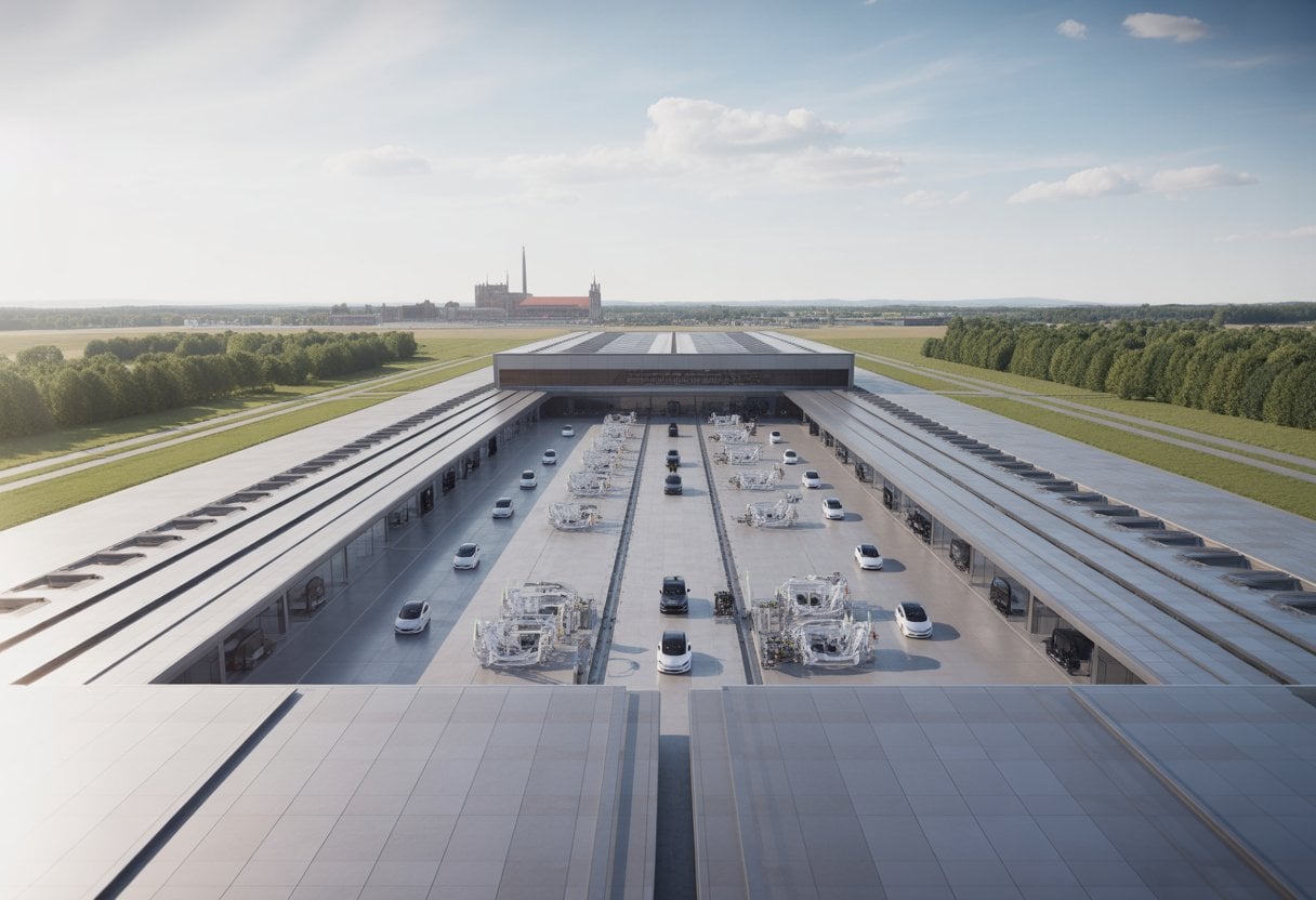 Große moderne Tesla-Fabrik in Grünheide mit Elektroautos und moderner Produktion, im Hintergrund eine ältere Fabrik.