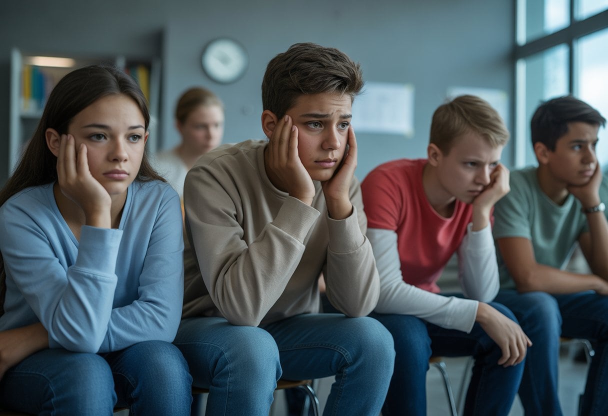 Mehrere Jugendliche sitzen nachdenklich und besorgt in einem Innenraum, der eine ernste Stimmung vermittelt.