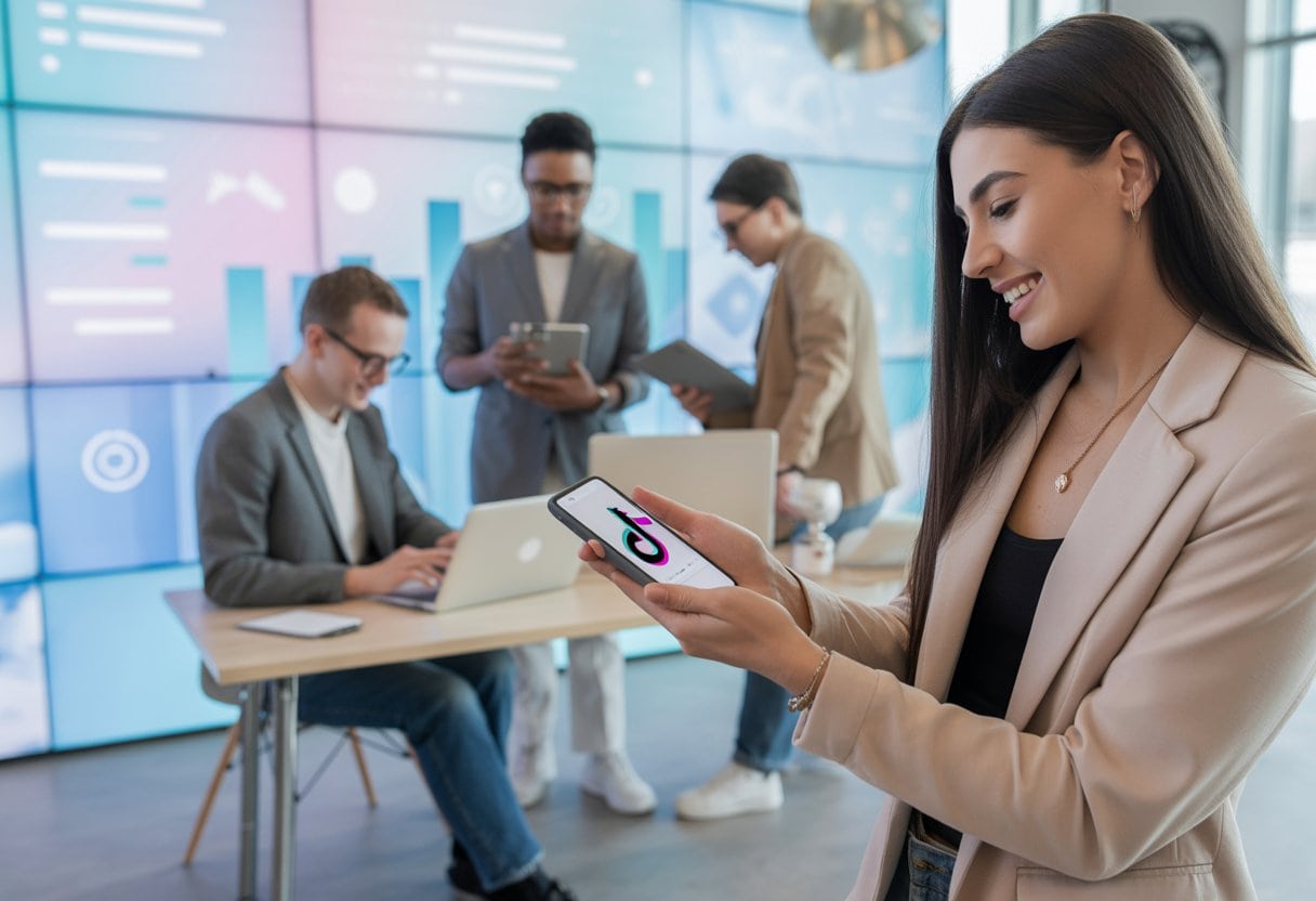 Eine Gruppe junger Menschen arbeitet gemeinsam in einem modernen Büro, umgeben von Bildschirmen mit Musikdiagrammen, während eine Frau ein Smartphone hält.