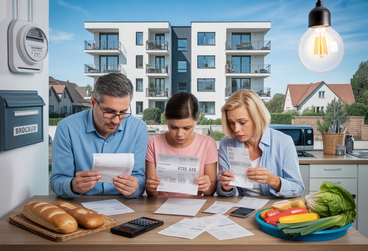 Eine deutsche Familie sitzt am Küchentisch und schaut besorgt auf Rechnungen für Miete, Strom und Lebensmittel.