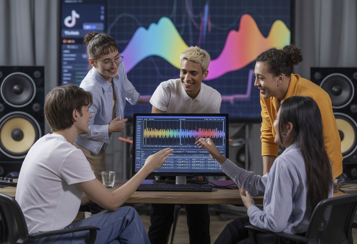 Eine Gruppe junger Menschen arbeitet in einem Musikstudio an einem Computer mit Musikdaten und Soundequipment im Hintergrund.