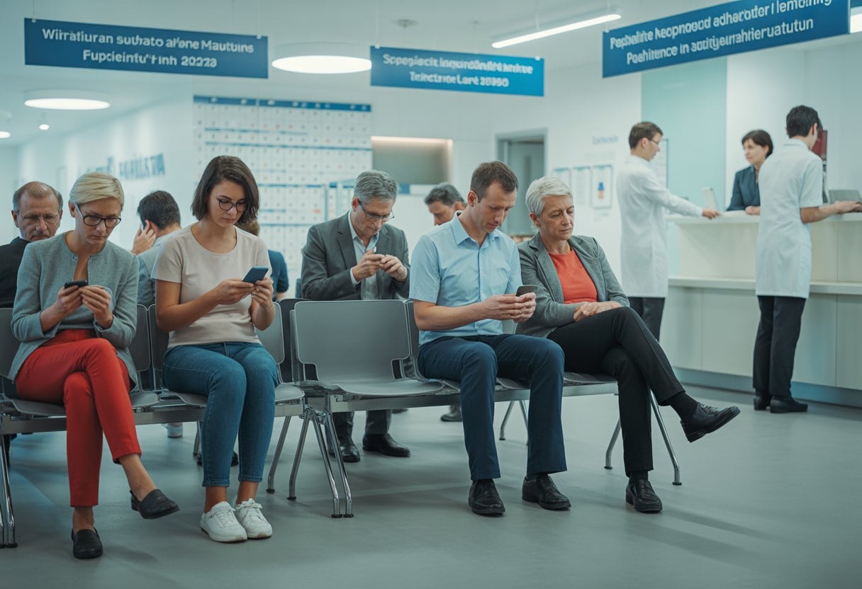 Menschen sitzen wartend in einem modernen Wartezimmer einer Arztpraxis in Österreich.