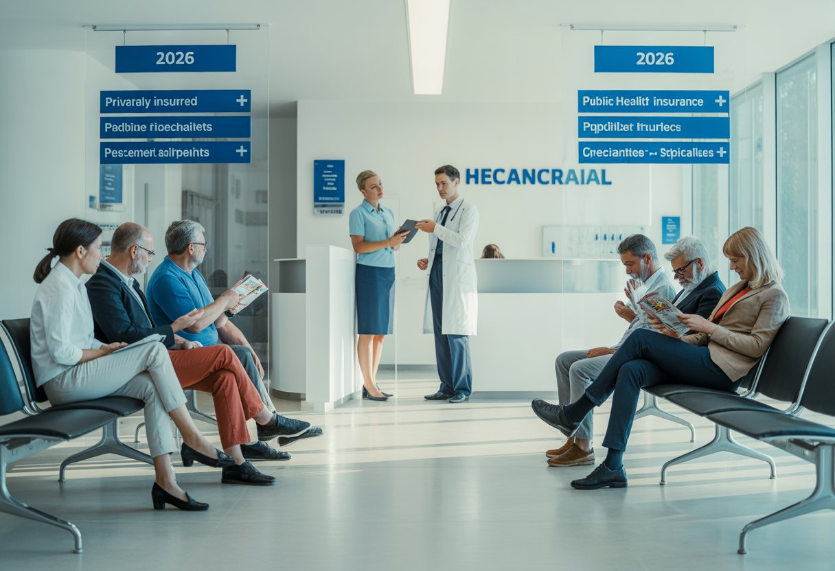 Wartezimmer in einer Arztpraxis mit zwei Patientengruppen: Privatpatienten werden aufgerufen, während gesetzlich Versicherte warten.