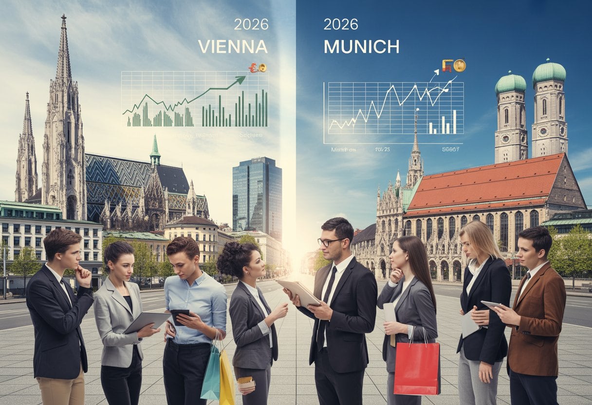 Geteilte Stadtansicht von Wien und München mit Menschen, die sich über Lebenshaltungskosten unterhalten.